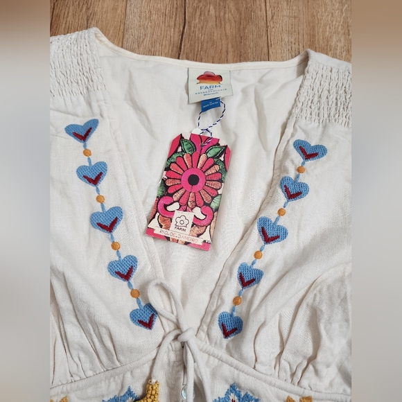 NWT $320 FARM RIO Linen Peplum Romper Ornate Embroidery Low Neck Beaded Belt M - Picture 6 of 11